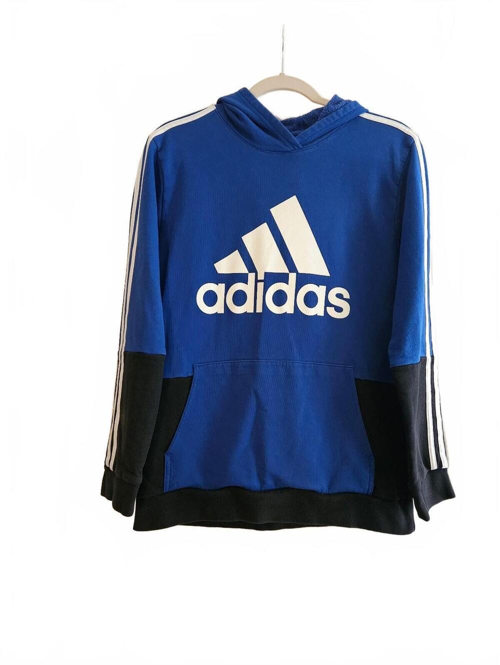 Adidas Royal Blue & Black Colorblock 3-Stripes Hoodie with Logo, Size XL (18-20)